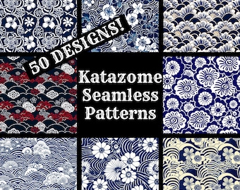 May include: A collection of 50 Japanese-inspired seamless patterns in a blue and white color scheme. The patterns feature traditional Japanese motifs such as clouds, waves, flowers, and geometric shapes. The text "Katazome Seamless Patterns" is displayed in the center of the image.