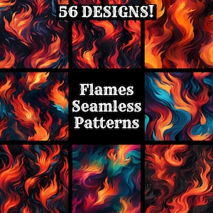Peut inclure: Un ensemble de 56 motifs sans couture représentant des flammes abstraites dans différentes couleurs, notamment le rouge, l'orange, le jaune, le bleu et le vert. Les motifs sont parfaits pour créer des arrière-plans, des textures et des designs.