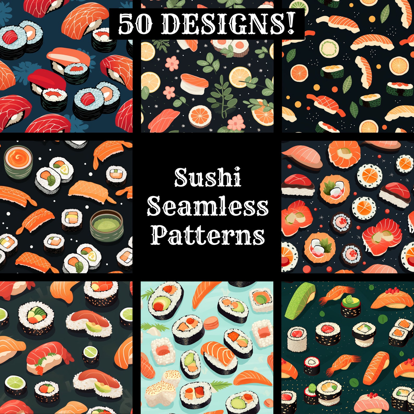 Sushi Seamless Digital Paper, Printable Scrapbook Paper Seamless