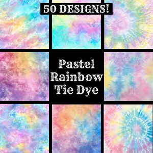 May include: 50 pastel rainbow tie dye designs. The designs feature a variety of patterns, including swirls, circles, and abstract shapes. The colors are soft and muted, creating a calming and ethereal effect.