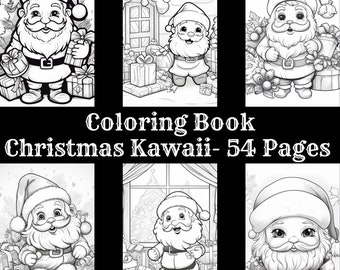 Christmas Kawaii Coloring Pages, Grayscale Illustrations (PDF Download)