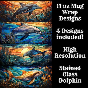 Stained Glass Dolphin 11 oz Mug Wrap Bundle 4 Pack Mug Wrap Sublimation Designs Mug PNG, Instant Download, Stained Glass Dolphin Mug Bundle