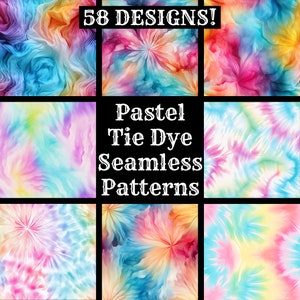 Może przedstawiać: Kolaż dziewięciu wzorów w pastelowych kolorach tie-dye bez szwów. Wzory są w różnych odcieniach różowego, niebieskiego, żółtego i zielonego. Na obrazie widnieje tekst "58 DESIGNS!" i "Pastel Tie Dye Seamless Patterns".
