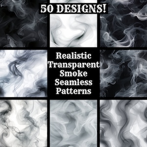 Könnte beinhalten: 50 realistische transparente Rauch-Nahtlose Muster. Die Muster sind in Schwarzweiß und zeigen wirbelnden Rauch.