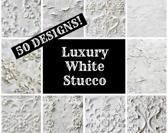 Könnte beinhalten: Eine Collage weißer Stuckdesigns. Das Bild zeigt verschiedene Texturen und Muster, darunter florale und abstrakte Motive. Der Text auf dem Bild lautet "50 DESIGNS!" und "Luxury White Stucco".