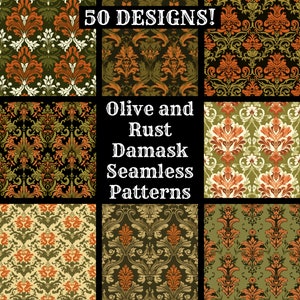 May include: A set of 9 seamless damask patterns in olive and rust colors. The patterns feature intricate floral designs with a vintage aesthetic. The text "Olive and Rust Damask Seamless Patterns" is displayed in the center of the image.