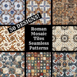 Pode incluir: Uma colagem de nove padrões diferentes de azulejos de mosaico romano. Os azulejos são feitos de várias cores e materiais, incluindo branco, preto, marrom, vermelho e azul. O texto "50 DESIGNS!" é exibido em uma faixa amarela no topo da colagem. O texto "Roman Mosaic Tiles Seamless Patterns" é exibido em uma faixa preta no meio da colagem.