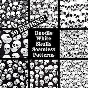 Op de afbeelding: 50 Naadloze patronen met witte schedels om te tekenen. Een set van negen naadloze patronen in zwart en wit met verschillende schedelontwerpen. De patronen zijn perfect om unieke en griezelige ontwerpen voor je projecten te maken.