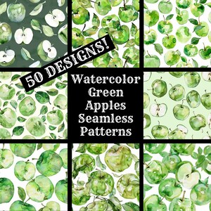 May include: A set of nine watercolour seamless patterns featuring green apples and leaves. The patterns are arranged in a grid with the text "50 DESIGNS! Watercolour Green Apples Seamless Patterns" in the centre.
