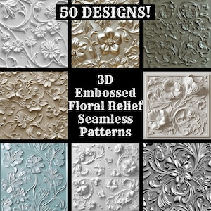 3D Embossed Floral Relief Seamless Digital Paper, Printable Scrapbook Paper Seamless Textures, Digital Instant Download 3D Floral Relief