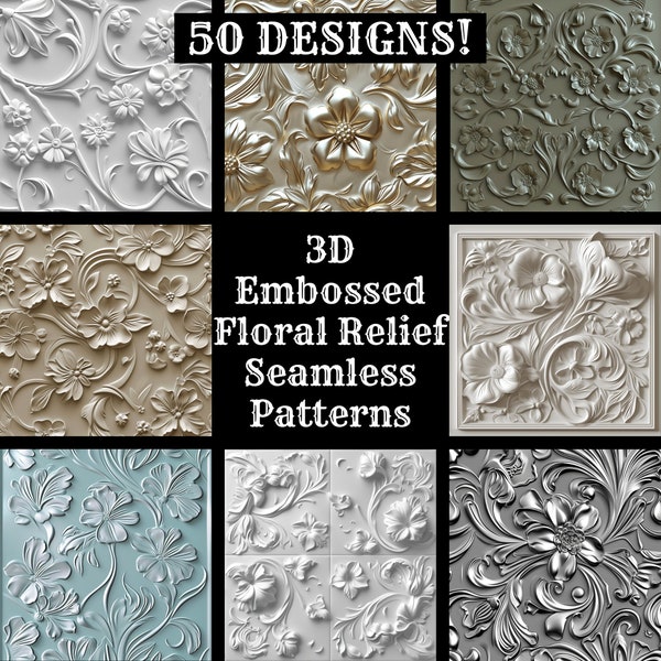 3D Embossed Floral Relief Seamless Digital Paper, Printable Scrapbook Paper Seamless Textures, Digital Instant Download 3D Floral Relief