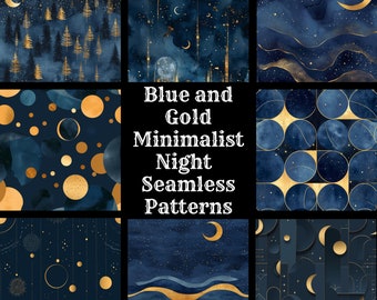 May include: 50 Blue and Gold Minimalist Night Seamless Patterns. The patterns feature a variety of designs, including moons, stars, geometric shapes, and waves. The patterns are perfect for adding a touch of elegance and sophistication to any project.