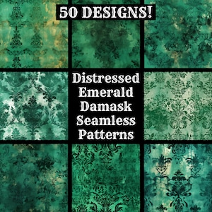 Distressed Emerald Damask Seamless Digital Paper, Printable Scrapbook Paper Seamless Textures, Digital Instant Download Emerald Background