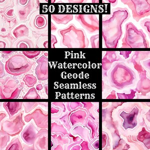 May include: 50 Pink Watercolor Geode Seamless Patterns.  These digital patterns feature pink, white, and purple watercolor designs.