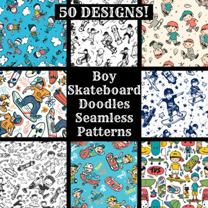 May include: Nine different seamless patterns featuring cartoon boys skateboarding. The patterns are in various colors and styles, including black and white, blue and white, and colorful.