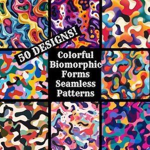 May include: A collage of 9 colourful, abstract, biomorphic seamless patterns. The patterns are made up of swirling, organic shapes in a variety of colours, including red, blue, green, yellow, and purple. The text "50 DESIGNS! Colorful Biomorphic Forms Seamless Patterns" is displayed in the centre of the image.