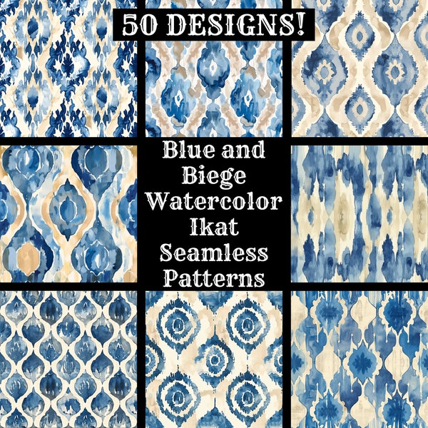 Blue and Biege Watercolor Ikat Seamless Digital Paper, Printable Scrapbook Paper Seamless Textures, Digital Instant Download Blue Ikat