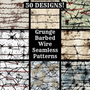 Könnte beinhalten: Ein Set mit 9 Grunge-Stacheldraht-Nahtlosen Mustern in verschiedenen Farben und Stilen. Die Muster zeigen schwarzen Stacheldraht auf verschiedenen Hintergründen, darunter Weiß, Grau, Braun und Blau. Der Text "Grunge Barbed Wire Seamless Patterns" wird in der Mitte des Bildes angezeigt.