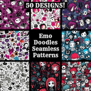 Op de afbeelding: Een set van negen naadloze patronen met emo-krabbels in zwart, wit, rood, blauw en roze. De patronen bevatten harten, schedels, muzieknoten en andere emo-themabeelden. De tekst "Emo Doodles Seamless Patterns" wordt in het midden van de afbeelding weergegeven.