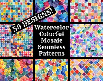 Watercolor Mosaic Seamless Patterns: Colorful Digital Paper (Digital Download)