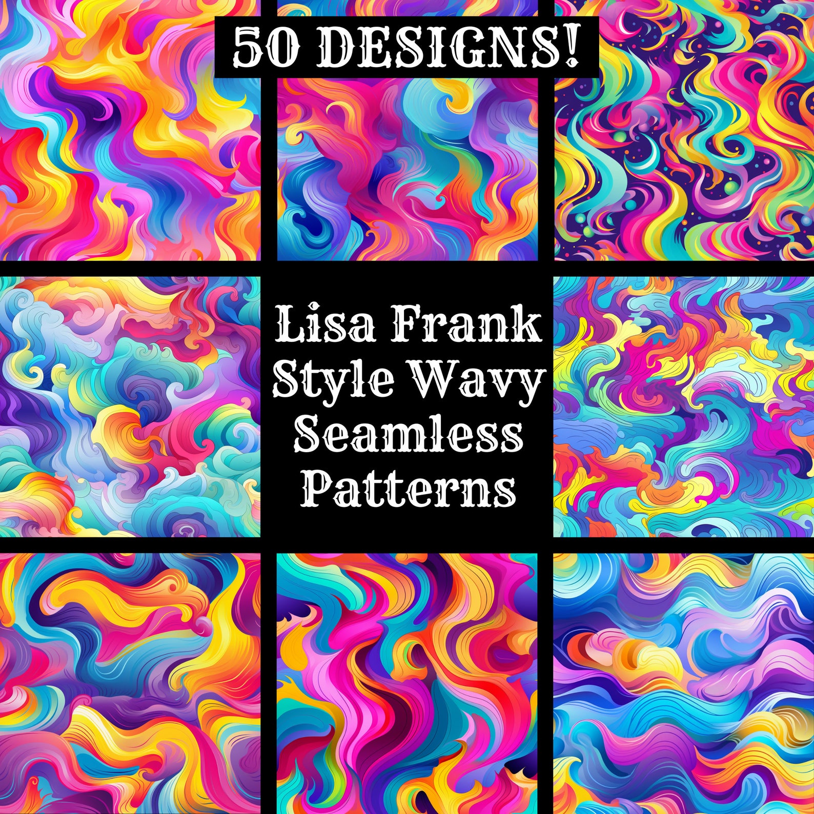 Lisa Frank Style Wavy Seamless Patterns: 50 PNG Digital Papers (digital ...