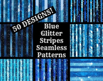 Blue Glitter Stripes Seamless Patterns: 50 PNG Digital Papers (Digital Download)