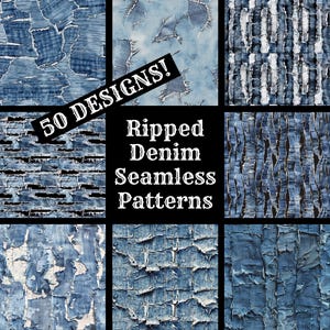 Könnte beinhalten: Eine Collage aus neun verschiedenen nahtlosen Mustern aus zerrissenem Denim. Die Muster sind alle in Blautönen gehalten und zeigen verschiedene zerrissene und abgenutzte Texturen. Der Text "50 DESIGNS!" ist in Weiß auf schwarzem Hintergrund geschrieben, und der Text "Ripped Denim Seamless Patterns" ist in Weiß auf schwarzem Hintergrund geschrieben.