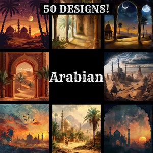 Könnte beinhalten: Eine Sammlung von 50 digitalen Designs mit arabischer Architektur, Landschaften und Motiven. Die Designs beinhalten Bilder von Moscheen, Bögen, Palmen und Wüstenszenen. Der Text "50 DESIGNS!" und "Arabian" ist auf dem Bild zu sehen.
