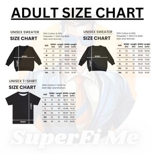 May include: A size chart for unisex sweaters and t-shirts. The chart includes measurements for width and length in inches and centimeters. The chart is divided into two sections, one for sweaters and one for t-shirts. The sweater chart is for 50% cotton and 50% polyester. The t-shirt chart is for 100% cotton. The chart includes sizes S, M, L, XL, 2XL, and 3XL.