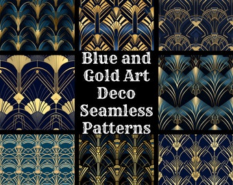 Patrones Art Déco sin costuras en azul y dorado: 50 papeles digitales PNG (descarga digital)
