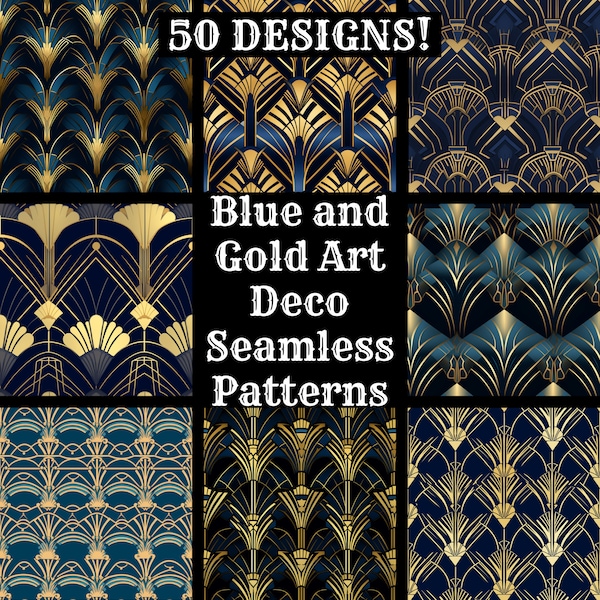 Blue and Gold Art Deco Seamless Digital Paper, Printable Scrapbook Paper Seamless Textures, Digital Instant Download Art Deco Background