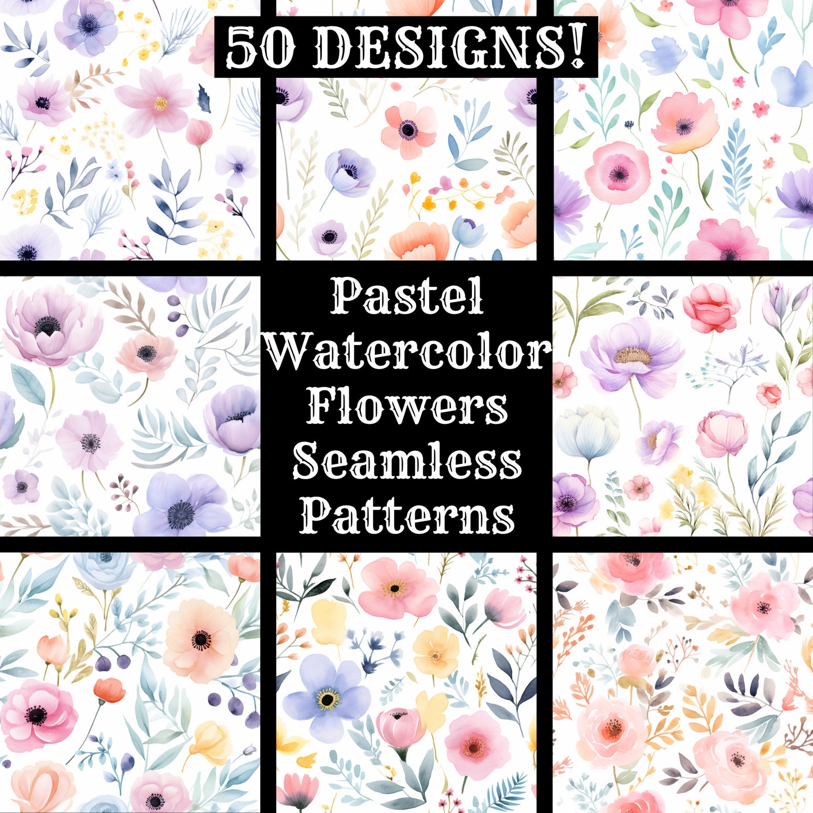 Pastel Watercolor Flowers Seamless Patterns: 50 PNG Digital Papers ...