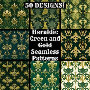 Heraldic Green and Gold Seamless Digital Paper, Printable Scrapbook Paper Seamless Textures, Digital Instant Download Heraldic Background