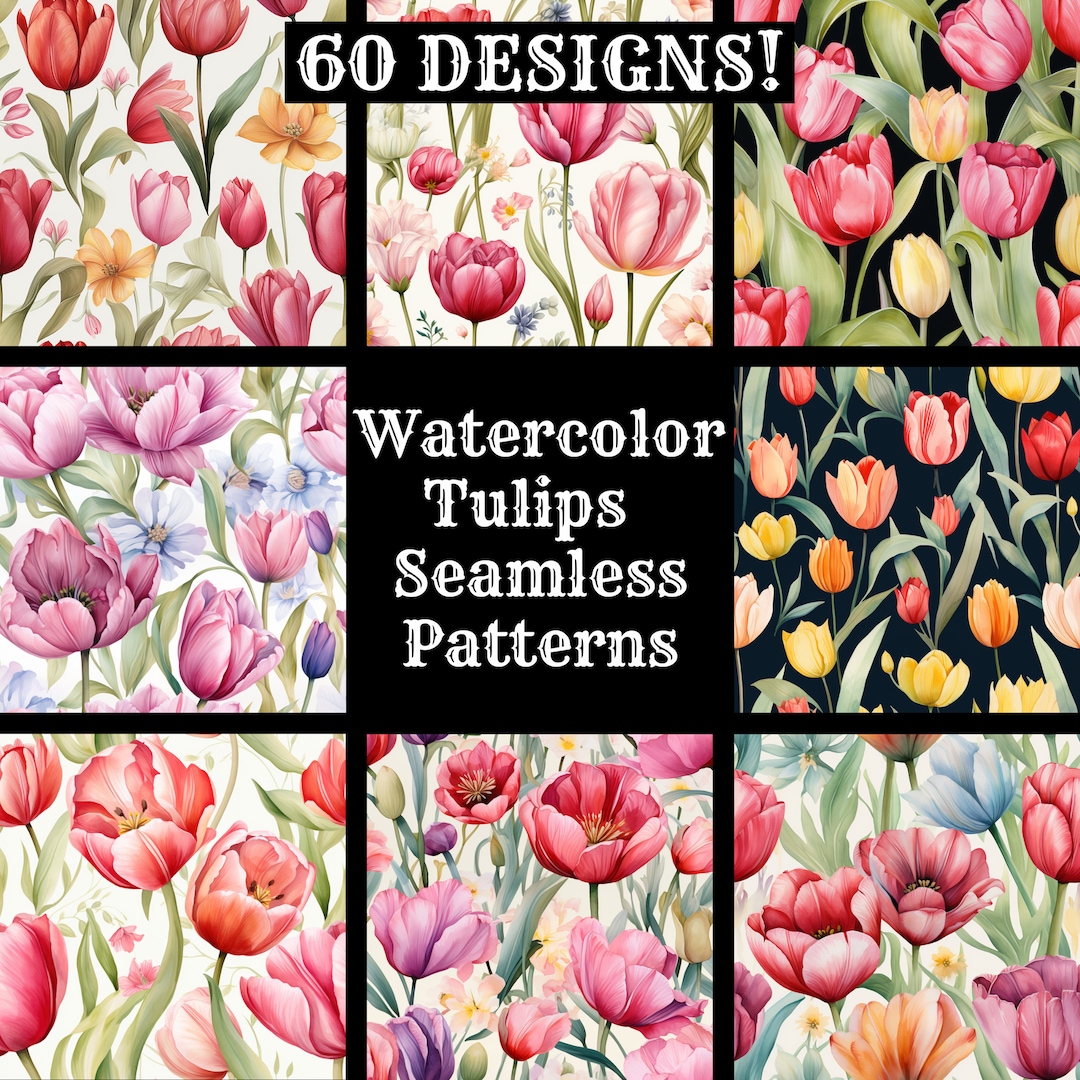 Watercolor Tulip Pattern Bundle: Seamless Digital Paper (PNG, 1024x1024 ...