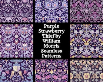 May include: A collection of 50 seamless patterns featuring a purple, pink, and yellow floral design with birds and strawberries. The patterns are titled "Purple Strawberry Thief by William Morris Seamless Patterns".