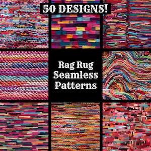 Peut inclure: Un collage de neuf motifs de tapis en tissu de couleurs vives, avec le texte "50 DESIGNS!" en haut et "Rag Rug Seamless Patterns" au centre. Les motifs sont faits de bandes de tissu de différentes couleurs et textures.