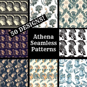 May include: A set of 50 digital seamless patterns featuring the Greek goddess Athena. The patterns are in various colors and styles, including black and white, blue and white, and gold and white. The text "Athena Seamless Patterns" is in the center of the image.