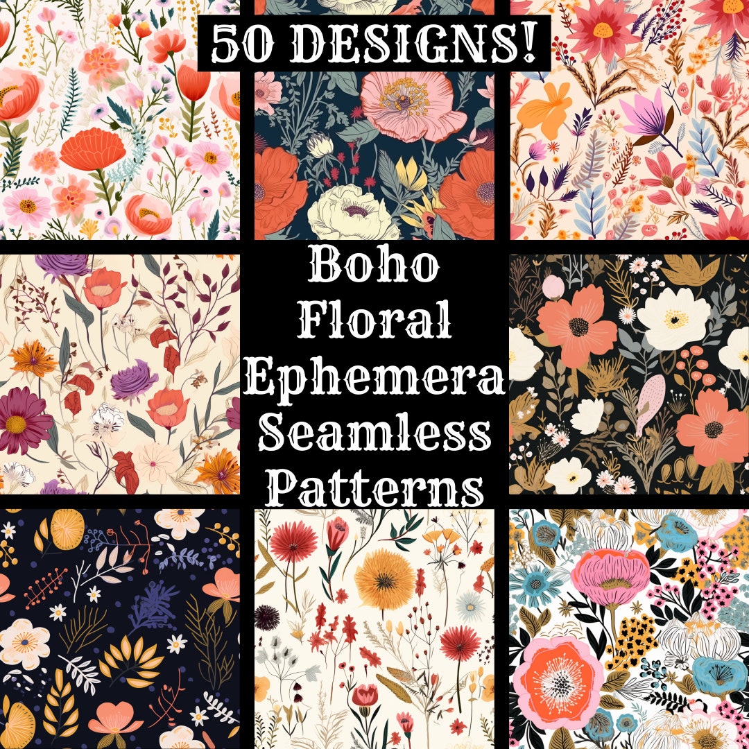 Boho Floral Seamless Pattern: Ephemera Digital Paper (PNG) - Etsy