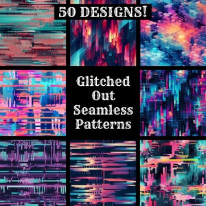 Könnte beinhalten: 50 digitale nahtlose Muster mit einem Glitch-Effekt in verschiedenen Farben, darunter Pink, Blau, Türkis, Lila und Gelb. Die Muster sind abstrakt und geometrisch.