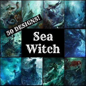 May include: A collage of images featuring sea witches with a title that reads "50 Designs! Sea Witch". The images depict various sea witches with flowing hair and ethereal features, surrounded by ocean waves and marine life.