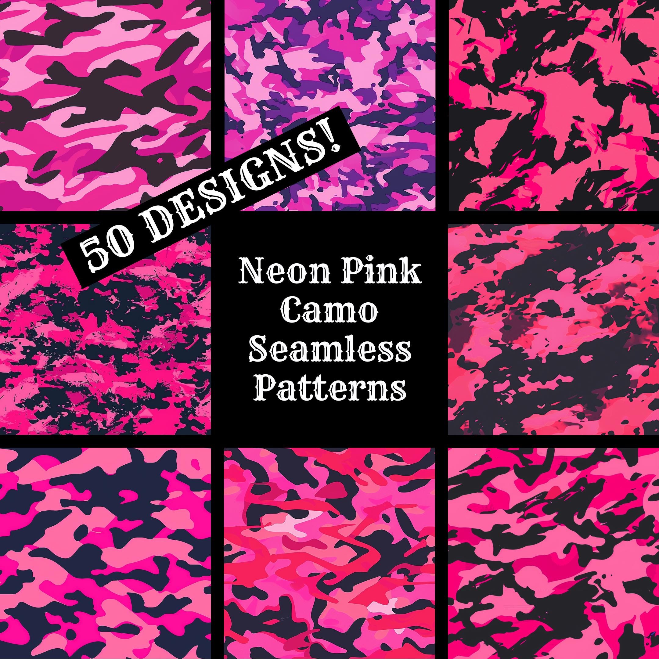 Neon Pink Camo Seamless Pattern: 50 PNG Digital Papers (digital