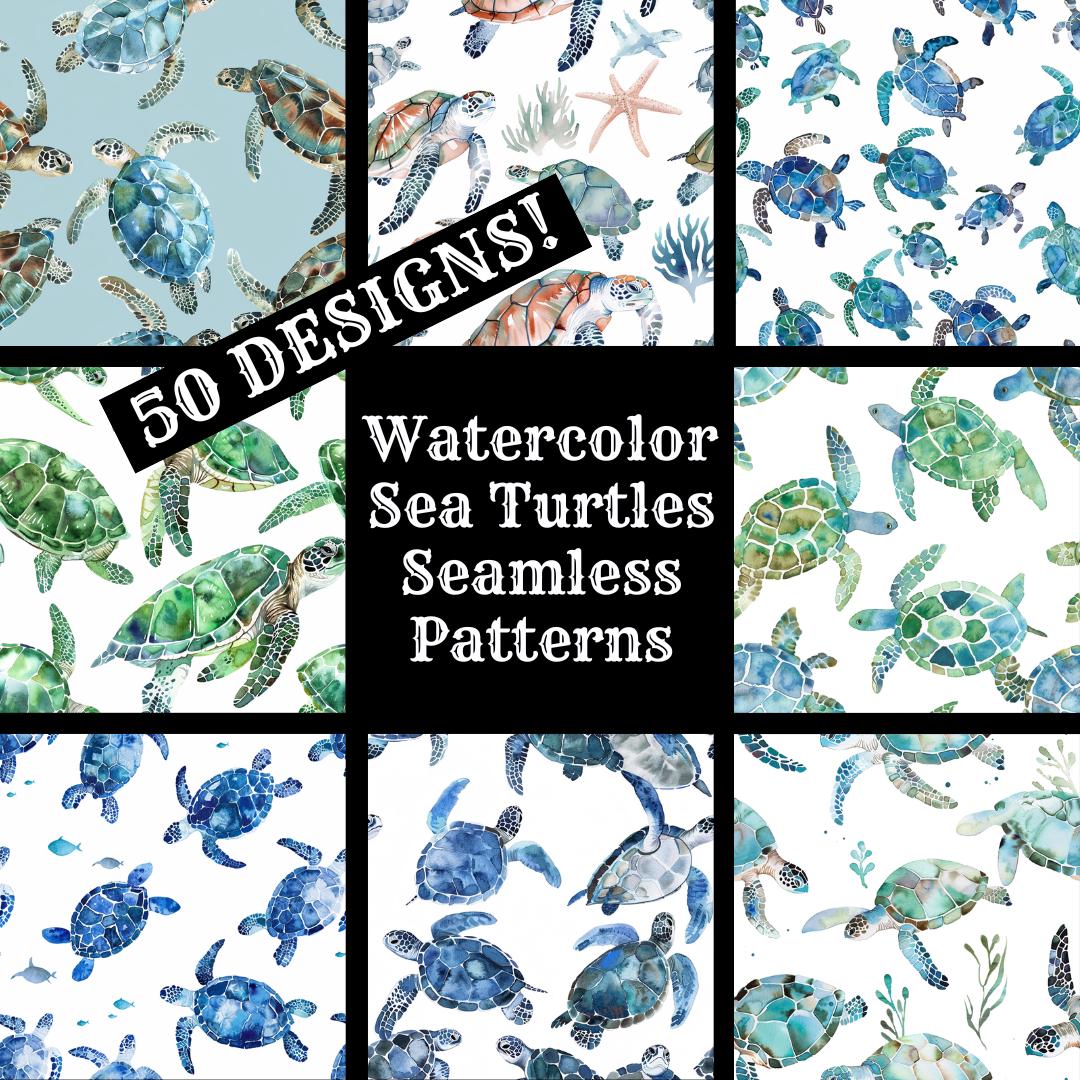 Watercolor Sea Turtles Seamless Digital Paper, Printable Scrapbook Paper Seamless Textures, Digital Instant Download
