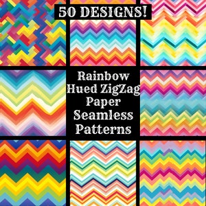 Puede incluir: Un conjunto de 50 patrones de papel sin costuras en zigzag de colores arcoíris. Los patrones están en varios tonos de rojo, naranja, amarillo, verde, azul, añil y violeta. El texto "Rainbow Hued ZigZag Paper Seamless Patterns" está en el centro de la imagen.
