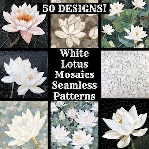 Mosaici di loto bianco Carta digitale senza soluzione di continuità, carta per album di ritagli stampabile Texture senza soluzione di continuità Download digitale istantaneo Modello di mosaici di loto bianco