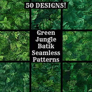 Può includere: Un set di nove motivi senza cuciture in batik verde giungla. I motivi presentano vari disegni di foglie in tonalità di verde. Il testo "50 DESIGNS!" e "Green Jungle Batik Seamless Patterns" è visualizzato sull'immagine.