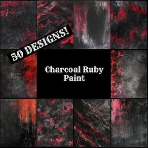May include: A collection of abstract art designs in a grid layout. The designs feature a mix of charcoal, ruby red, and gray colors. The text "50 DESIGNS!" and "Charcoal Ruby Paint" are also visible.