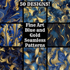 Fine Art Blue and Gold Seamless Digital Paper, Printable Scrapbook Paper Seamless Textures, Digital Instant Download Fine Art Gold and Blue