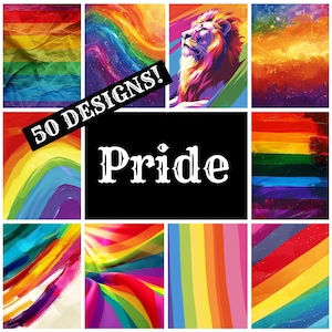 May include: A collage of 50 different rainbow designs, with the text "50 DESIGNS!" and "Pride" in white letters on a black background. The designs include abstract rainbow patterns, a lion, and a rainbow flag.