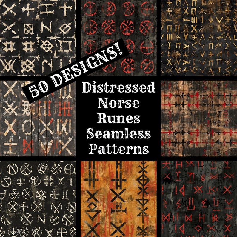 Distressed Norse Runes Seamless Pattern: 50 PNG Digital Papers (digital ...