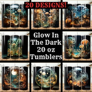 Glow In The Dark Tumbler Wrap Bundle 20 Pack 20 oz Skinny Tumbler Sublimation Designs Straight Tapered Tumbler PNG Instant Download Mushroom